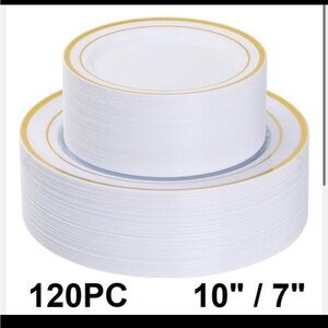 120-Piece White & Gold Rim Plastic Dinnerware Set | 10” & 7” | BPA-Free